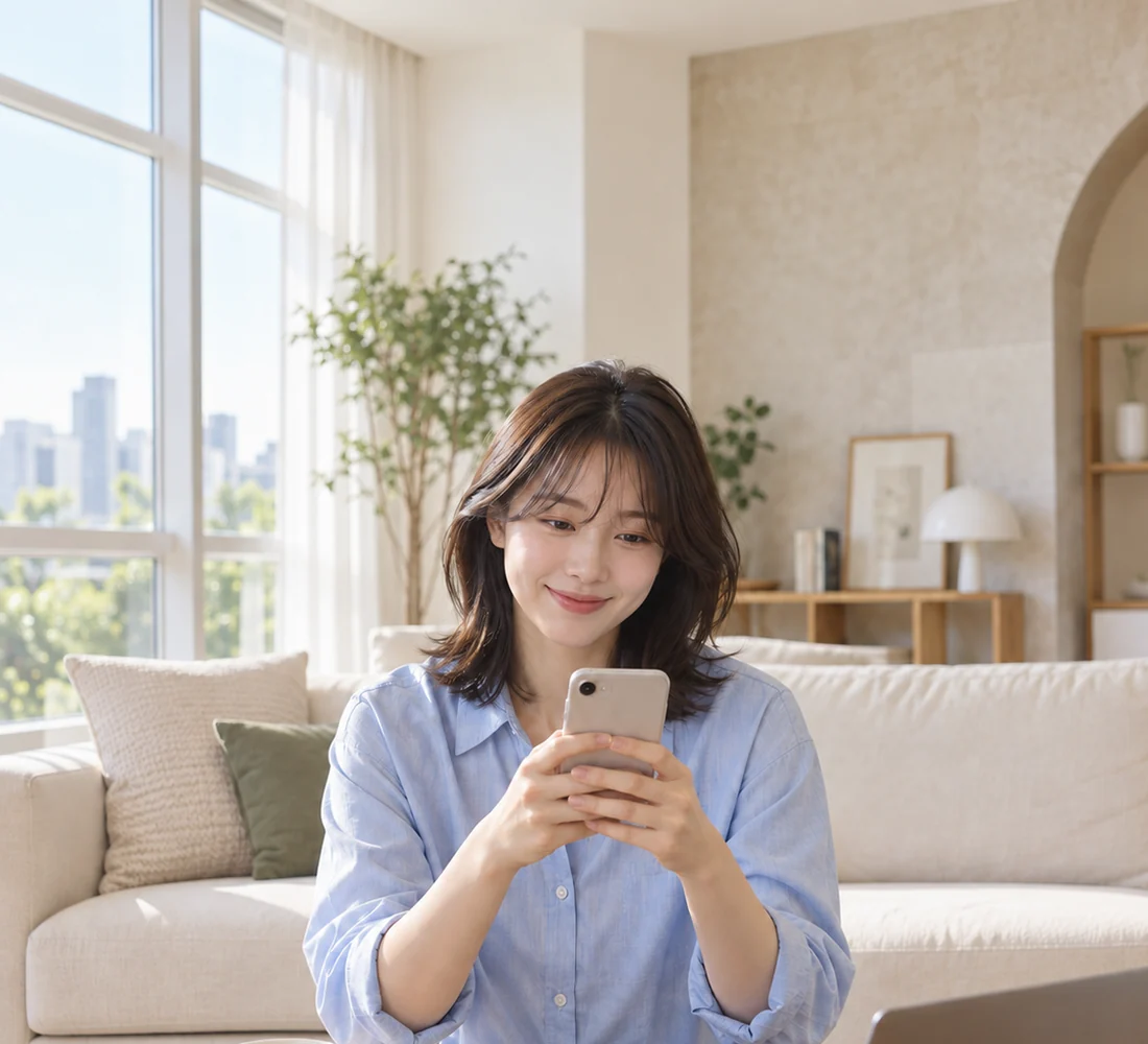 휴대전화로 편하게 상담하는 밝은 모습의 고객